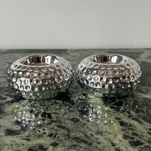 2 Metallic Silver Colored Glaze, Textured Tealight/Votive Candle Holders